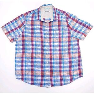 Tommy Bahama Linnen Shirt Mens XL Red White Blue Pocket Button‎ Down Embroidered